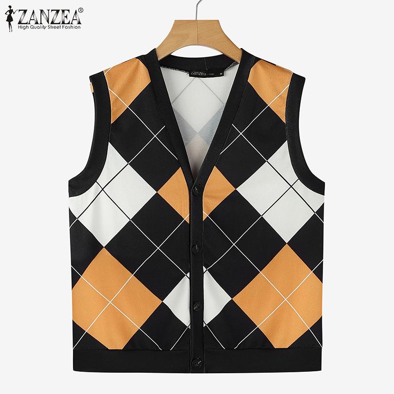 ZANZEA Женские осенние вязаные жилеты с круглым вырезом без рукавов в контрастную клетку