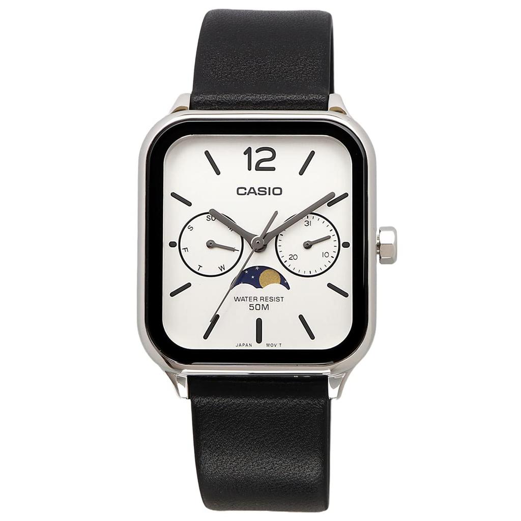 CASIO Стандартные аналоговые часы с фазами Луны, черный кожаный ремешок, серебристая модель Overseas [Casio] Мужские MTP-M305L-7AV [Товар]