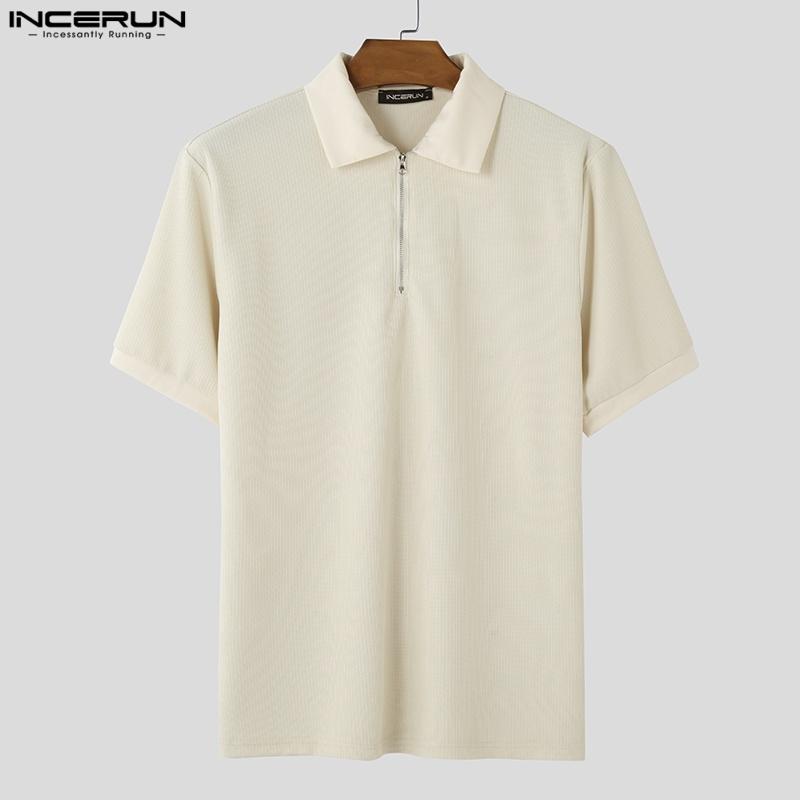 INCERUN Летние мужские повседневные футболки с застежкой-молнией и лацканами, коротким рукавом и текстурой, топы