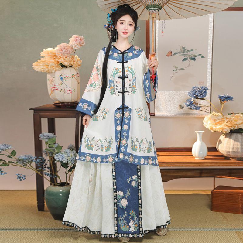 Восстановленный национальный костюм в китайском стиле династии Цин, топ с круглым вырезом, юбка с принтом в стиле ретро, ​​женский костюм