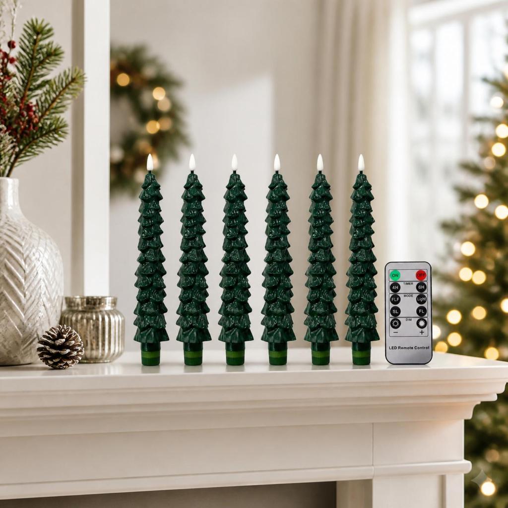 6 Pieces Christmas Tree Shaped LED Candle Flashing Warm White Light with Remote