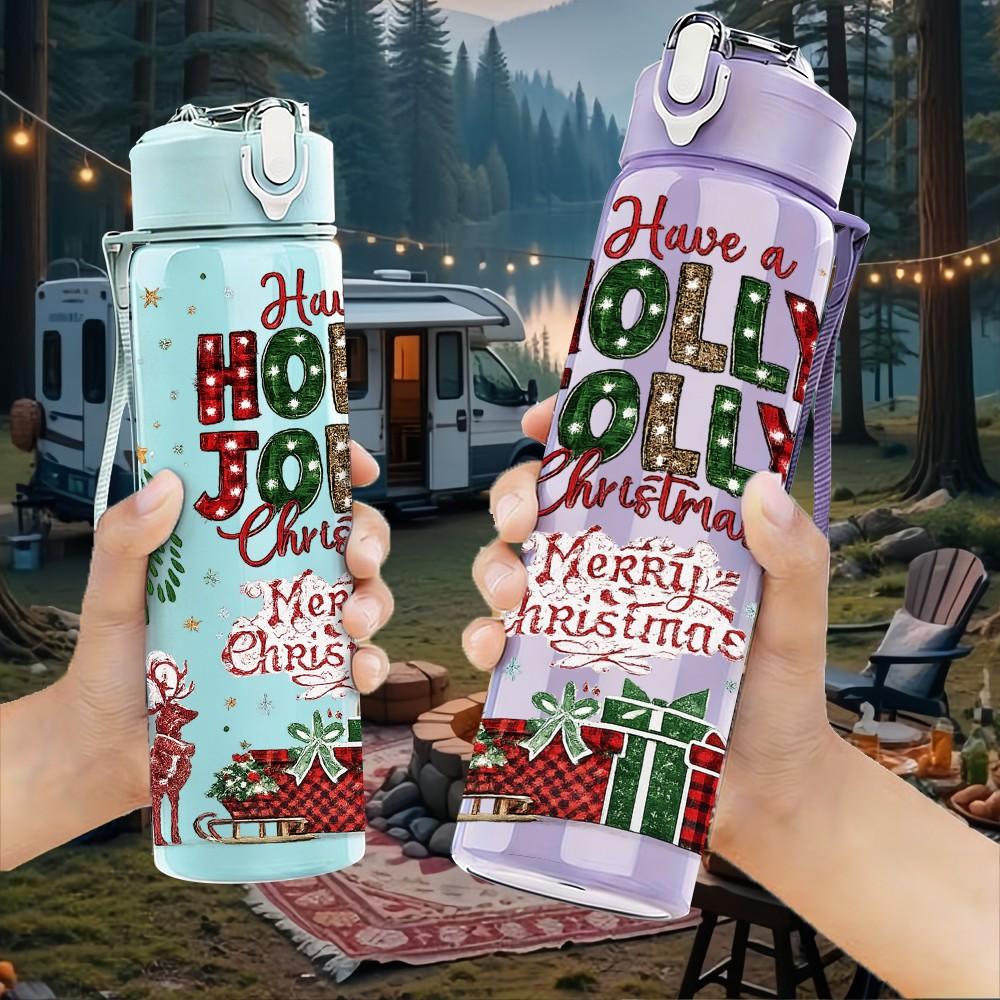 1PC Holly Jolly Christmas Scene Print 750ml Color Plastic Sports Water Bottle Leakproof Flip Straw Lid Suitable for Sports Office Home Use