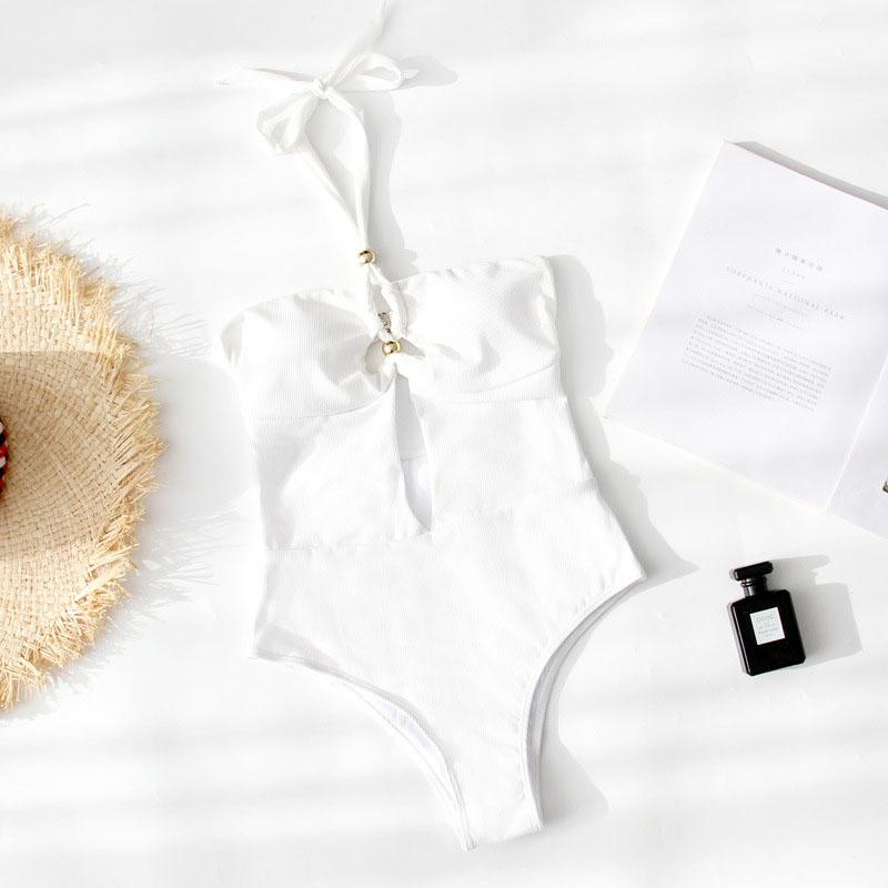 Новый сексуальный однотонный слитный купальник для женщин с завязкой на шее и шнурком, купальник с открытой спиной, купальник со сборками на груди