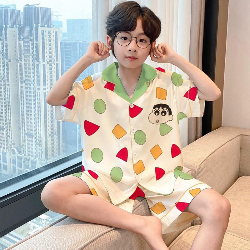 Boys Ice Silk Pajama Set Short Sleeve Sleepwear Kids Teens 8 Years Lightweight Breathable Home Wear