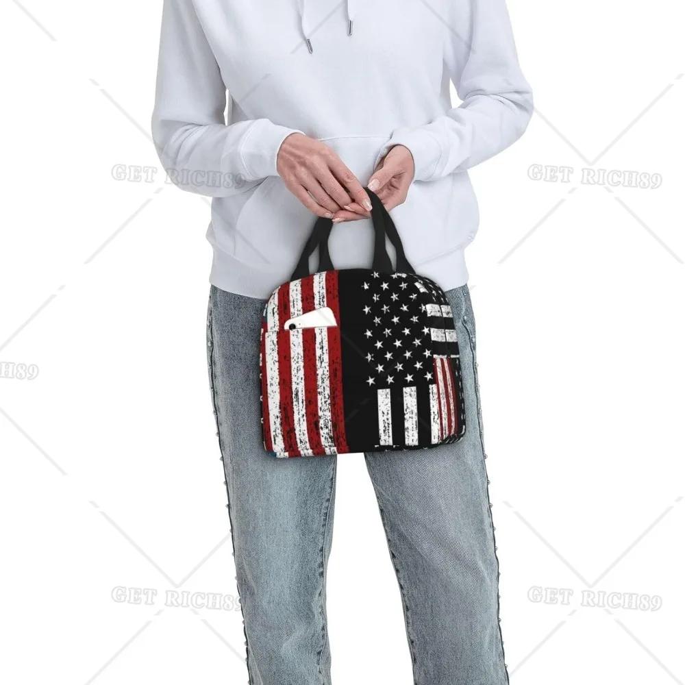 Сумка-тоут с американским флагом для обеда для женщин и мужчин, многоразовый изолированный контейнер для обеда-холодильника с карманом для работы в офисе