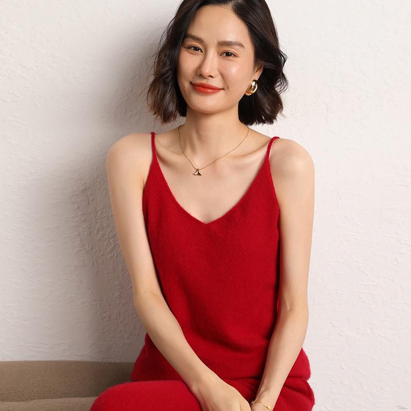 V-Neck Sleeveless Cashmere Knit Camisole Vest – Slim-Fit Women's Base Layer