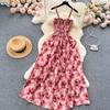 Women's Korean Style Rose Flower Print Retro Party Dress Summer Elastic High Waist Vacation Long Dress Beach Vestido