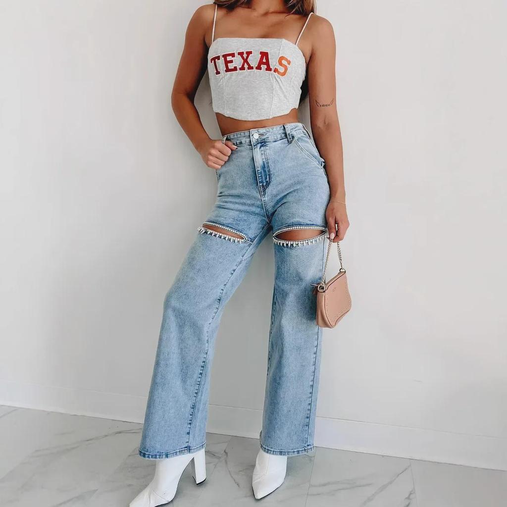 Женские джинсы прямого кроя с высокой талией, цепочкой и выцветшей отделкой 2025 года