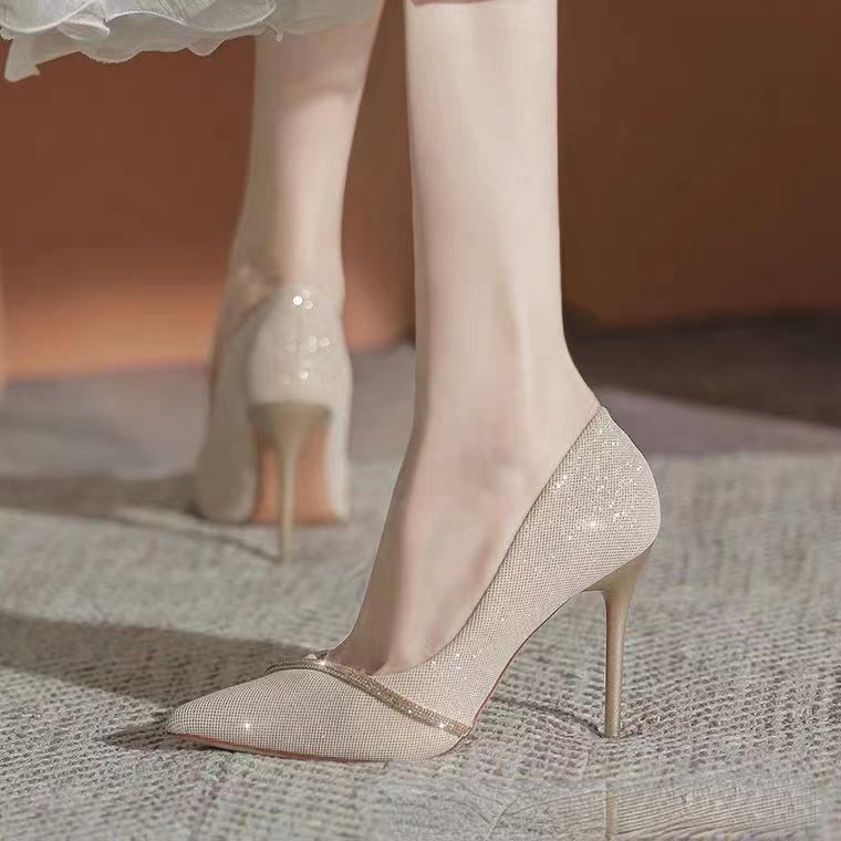 Korean Version Nude Single Shoe Women's 2024 New Spring Fashion French Pointed Diamond Inlaid Minimalist Slim Heel High Heels