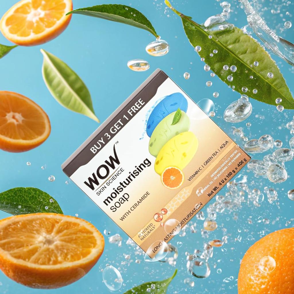 WOW Skin Science Увлажняющее мыло с керамидами | Витамин C, Зеленый чай, Аква | Длительное увлажнение | Мыло без парабенов | Набор из 4 штук | 400 г