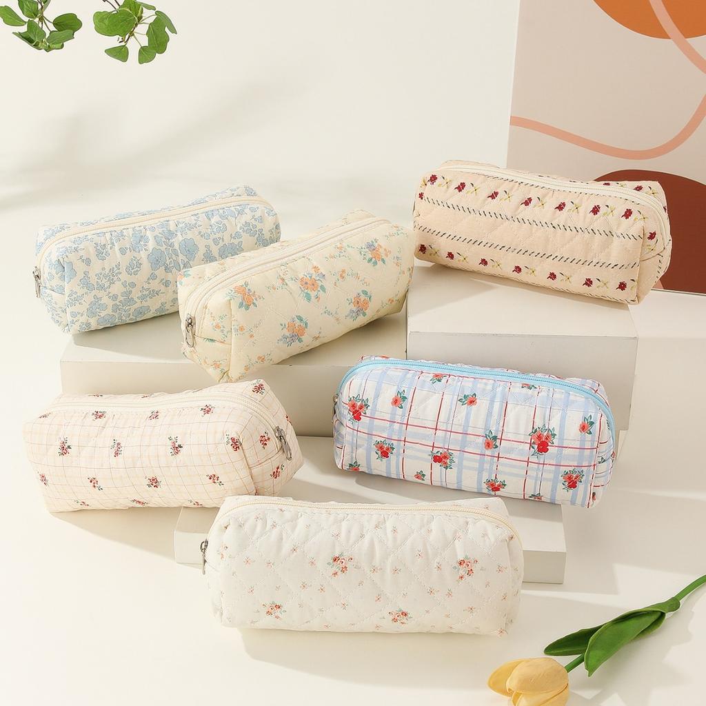 Chic Floral Pencil Case Student Girl Aesthetic Vintage Flower Strawberry Cat Pencil Bag High Capacity Stationery Storage Bag