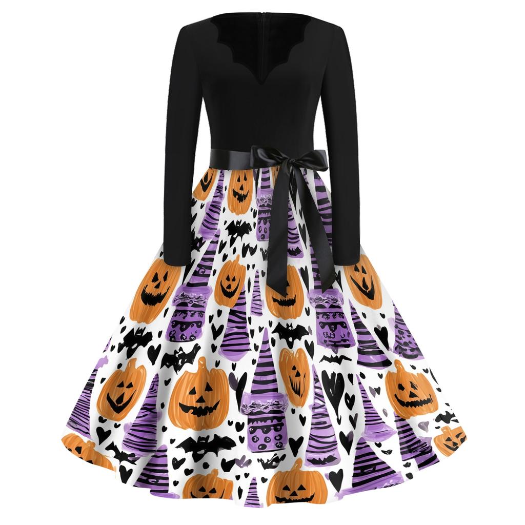 Women's Casual Halloween Printed V Neck Vintage Dress Long Sleeve Retro Fit and Flare Knee Length Dress with Belt and Halloween Pumpkin Design