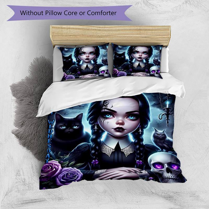 3pcs Wednesday Addams pattern bedding set duvet cover set includes duvet cover &pillowcases, perfect all season bedroom decoration & gift