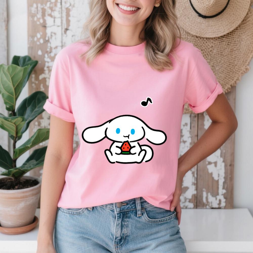 2026 Summer Cinnamoroll Watermelon Time Print Cotton T Shirt for Women Casual Comfort Soft Breathable Short Sleeve Summer Top