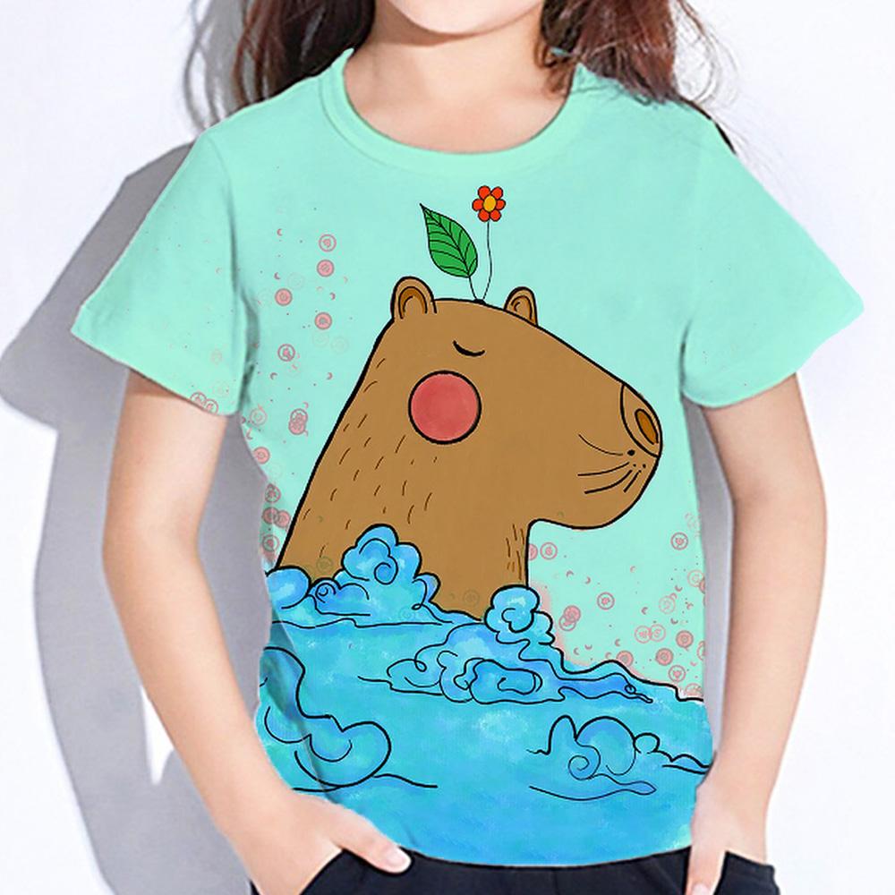 Футболка с рисунком капибары для девочек, летняя детская одежда, круглая горловина, детская футболка для мальчиков, топы с животными, повседневная уличная одежда, детская одежда