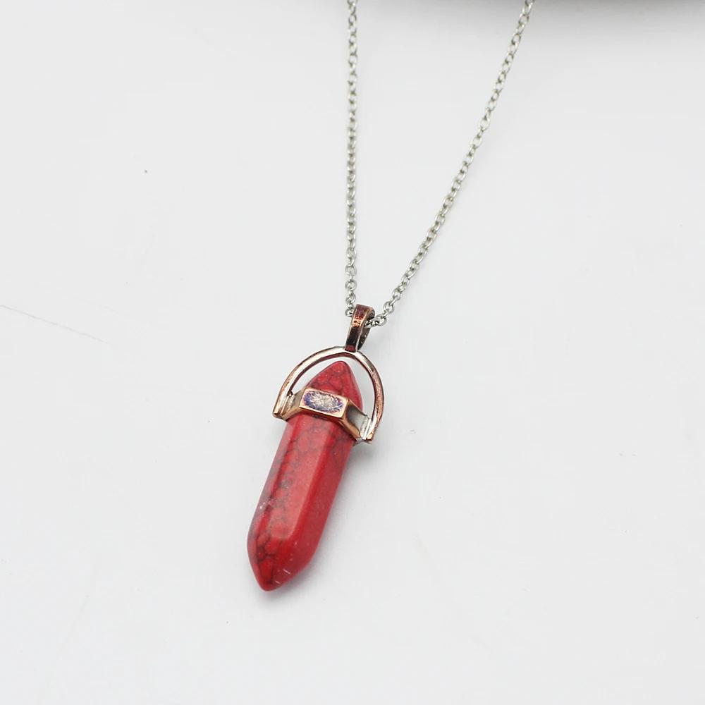 Hexagonal Column Pointed Reiki Chakra Natural Stone Pendant Necklace Women Girl Gift18inch Chain Lapis Opal Chunky Jewelry