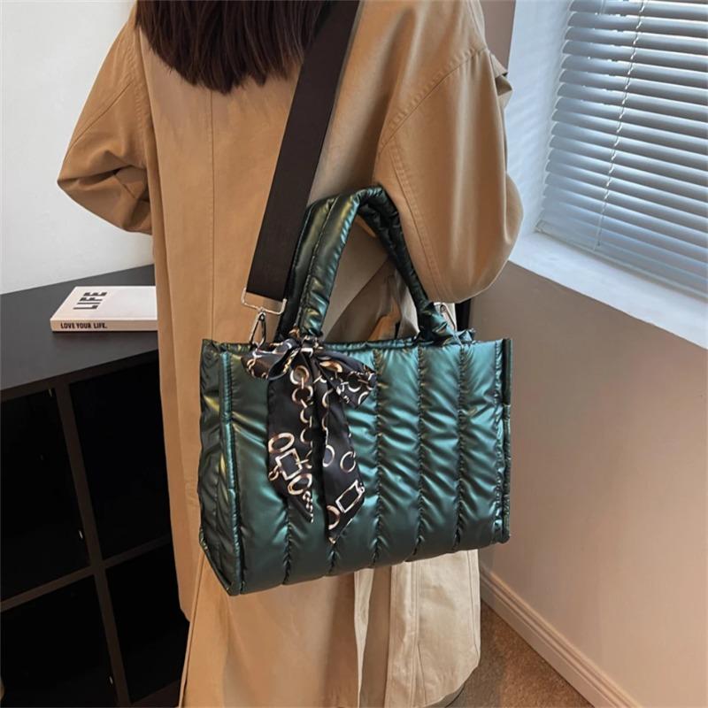Elegant Women's Totes Bags with Silk Scarf Accent Winter Quilted Crossbody Bags for Women Casual Solid Color Padded Shoulder Bag