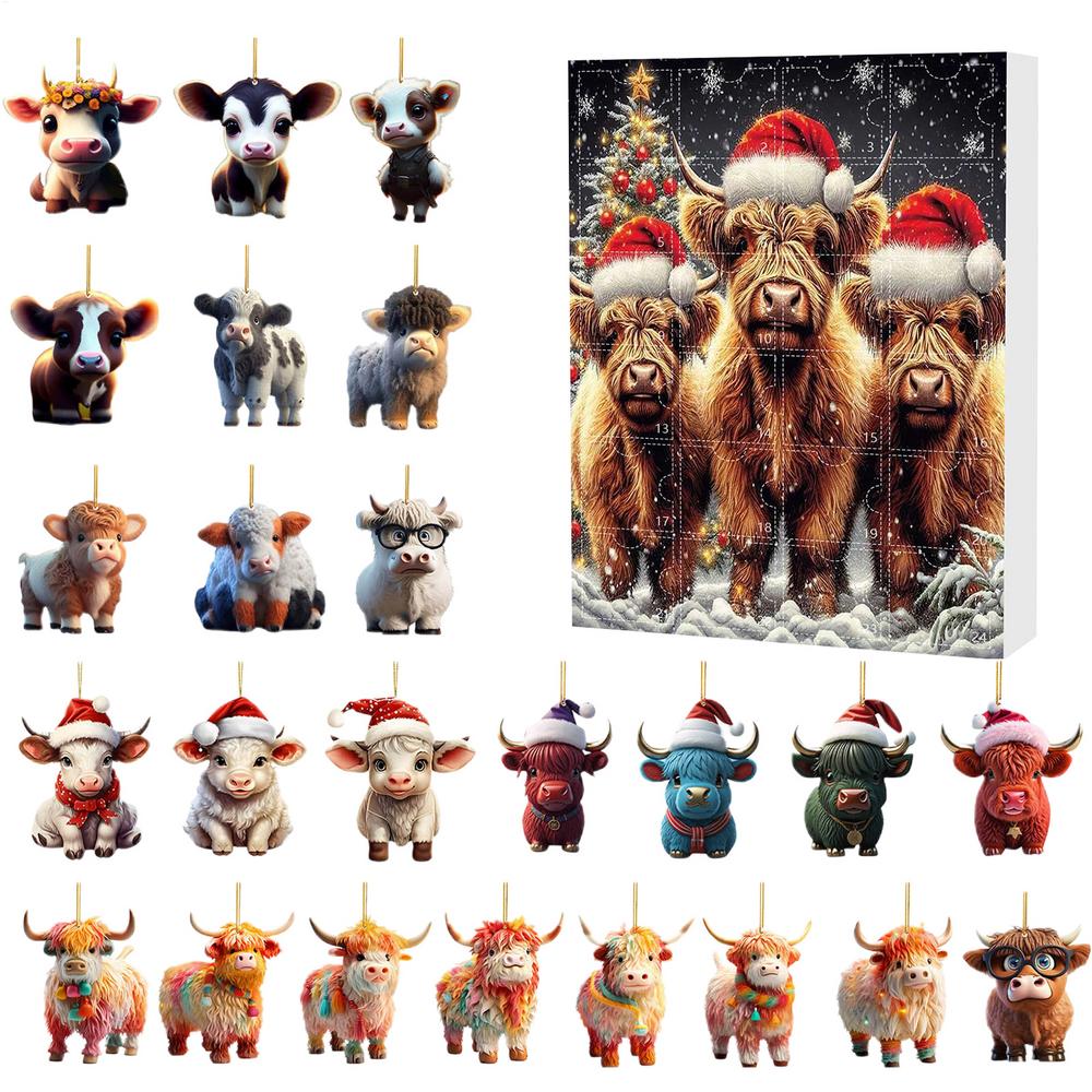 Рождественский Адвент-календарь 24 дня Украшения Хайлендская корова 2D акрил Милые животные Украшения на рождественскую елку Рождественский обратный отсчет Подарки
