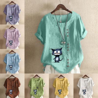 Женская модная синяя футболка с коротким рукавом с принтом кота, свободная хлопковая рубашка, повседневная свободная летняя блузка, топы больших размеров