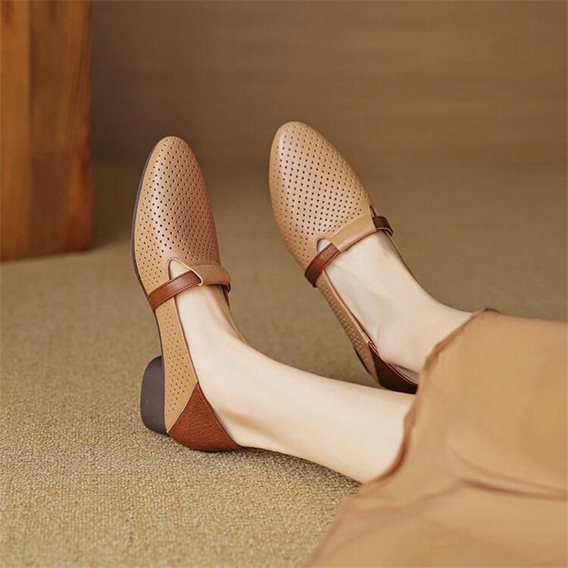 French Color Matching Soft Leather Low-heeled Single Shoes Women's 2025 Summer New Non-slip Light-mouth Hole Shoes One-pedal Small Leather Shoes
