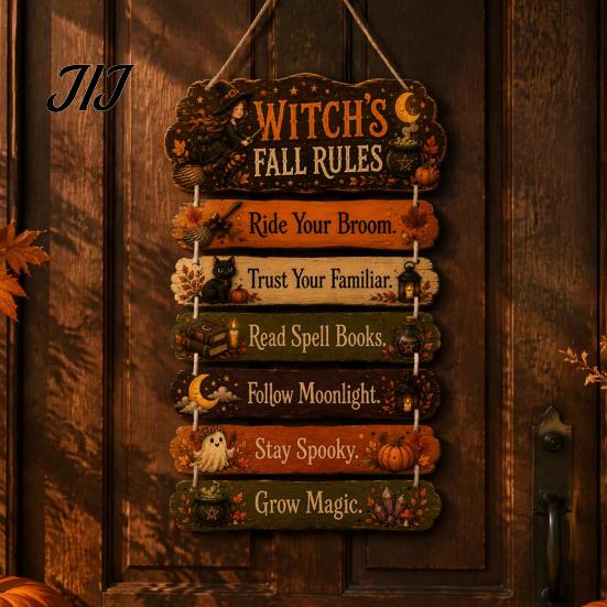 Halloween Door Sign Witch's Fall Rules Hanging Sign, Vintage Wood Wall Rustic Wooden Plaque Farmhouse Art for Outdoor Porch Yard, Home Decor