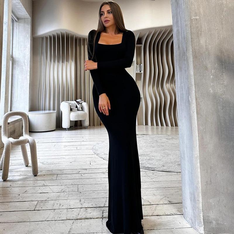 Women's Fall and Winter Slim Tie Square Neck Long-sleeved Dresses