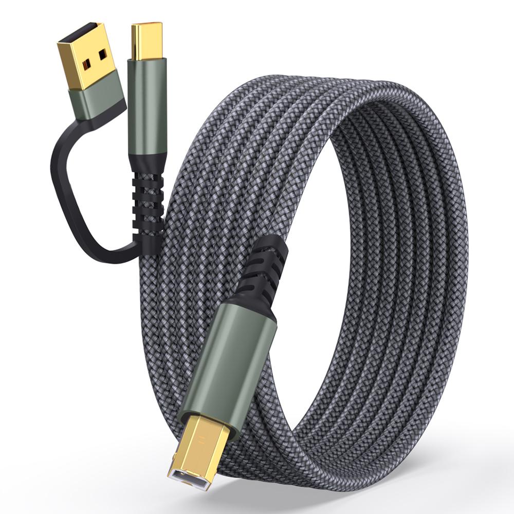 2m USB/Type-C to Square USB Type-B 2 in 1 Printer Cable Braided Printing Connection Cord
