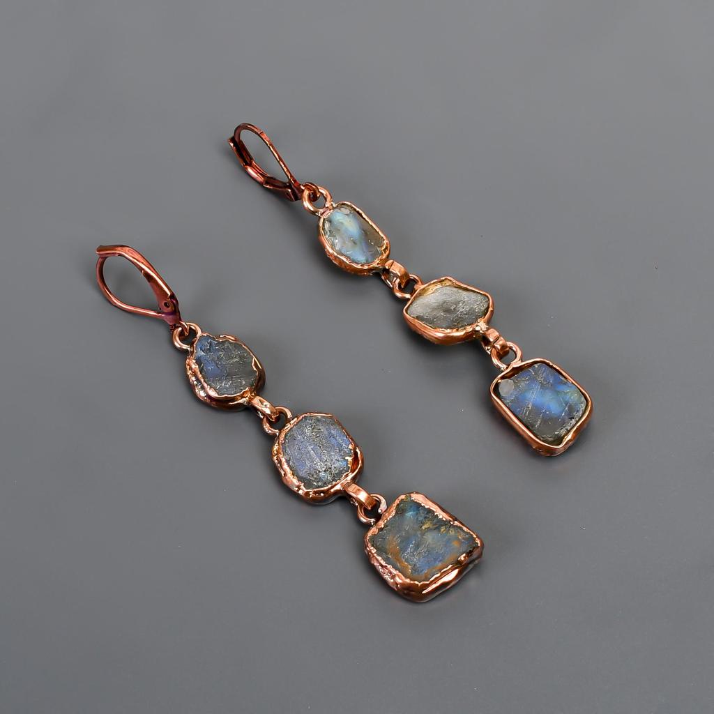 Natural Labradorite Multi Electroformed Earrings, Multicolor Drop & Dangle Earrings, Copper Jewelry, Anniversary Gift, Earrings For Mother