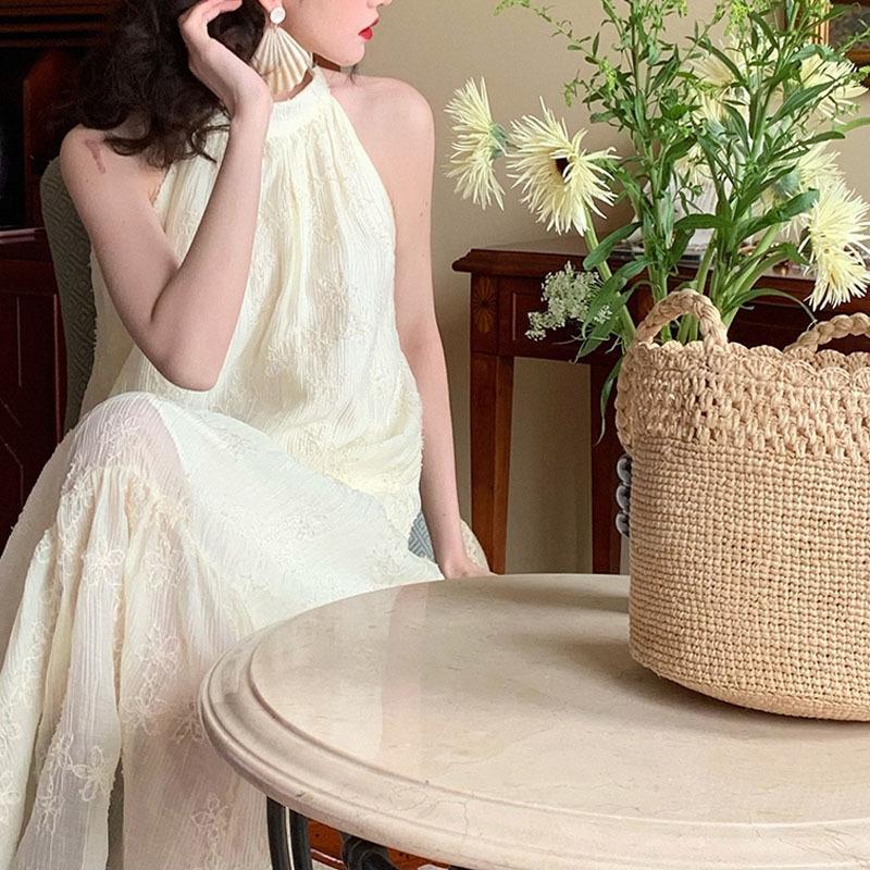 Винтажные летние платья без рукавов с подвесной шеей и кружевной вышивкой на шее