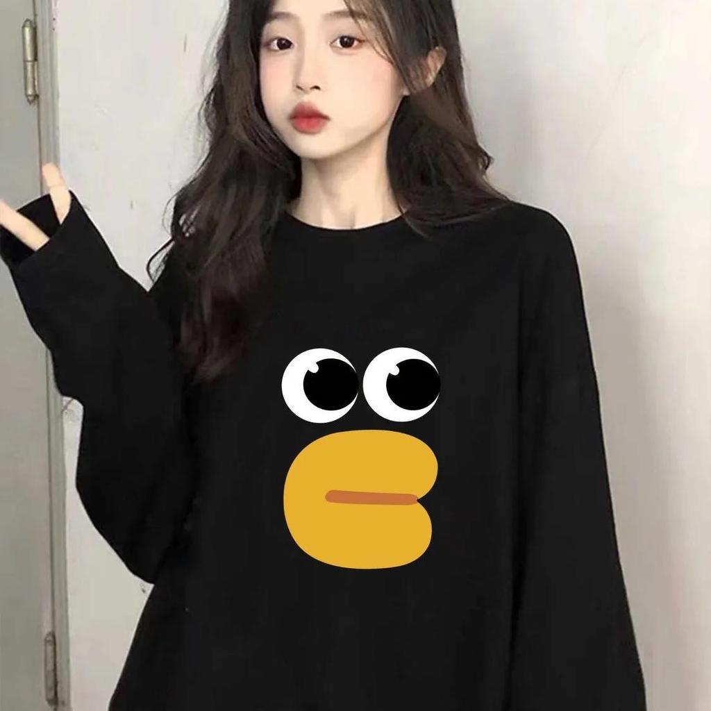 Модная женская футболка с длинным рукавом и круглым вырезом из чистого хлопка - Шикарный мультяшный дизайн, Повседневный свободный крой для весны и осени 2025