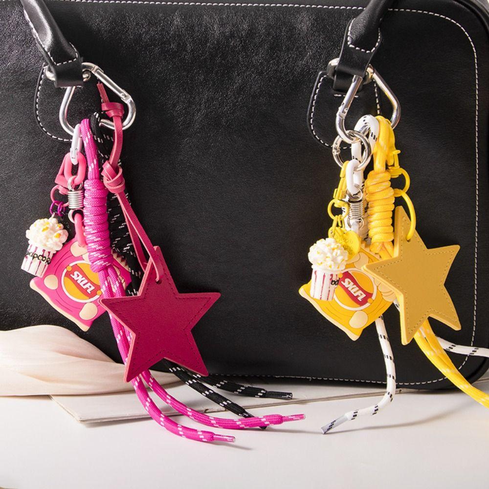 Popcorn Potato Chips Braided Rope Bag Pendant PU Leather Star Keyring Birthday Parties