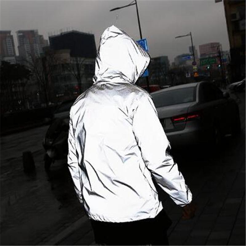 Men's Reflective Silver Grey Hooded Jacket - Trendy Spring/Autumn Streetwear for Outdoor Sports