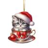 Acrylic Teacup Cat Hanging Ornaments Cute Cartoon Cat Christmas Ornament 2D Flat Car Mirror Charm for Christmas Tree Decoration