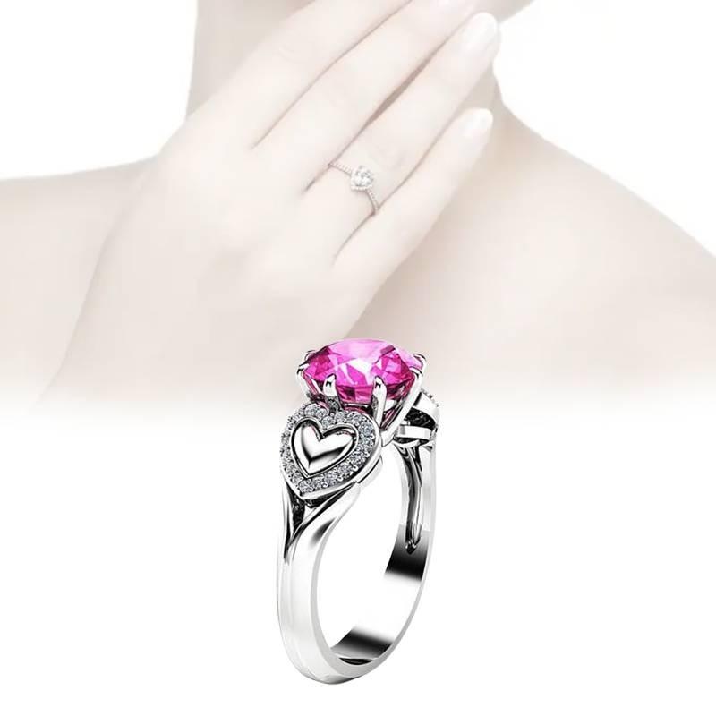 Fashionable Heart Shaped Pink Zircon Crystal Ring With Silver Plated Adjustable Band For Women