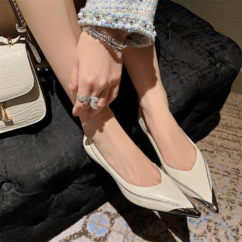 Fashion 2024 New Spring Summer Split Leather Women Shoes Metal Pointed Toe High Heel Women Pumps Shallow Loafers for Women Ladies Shoes