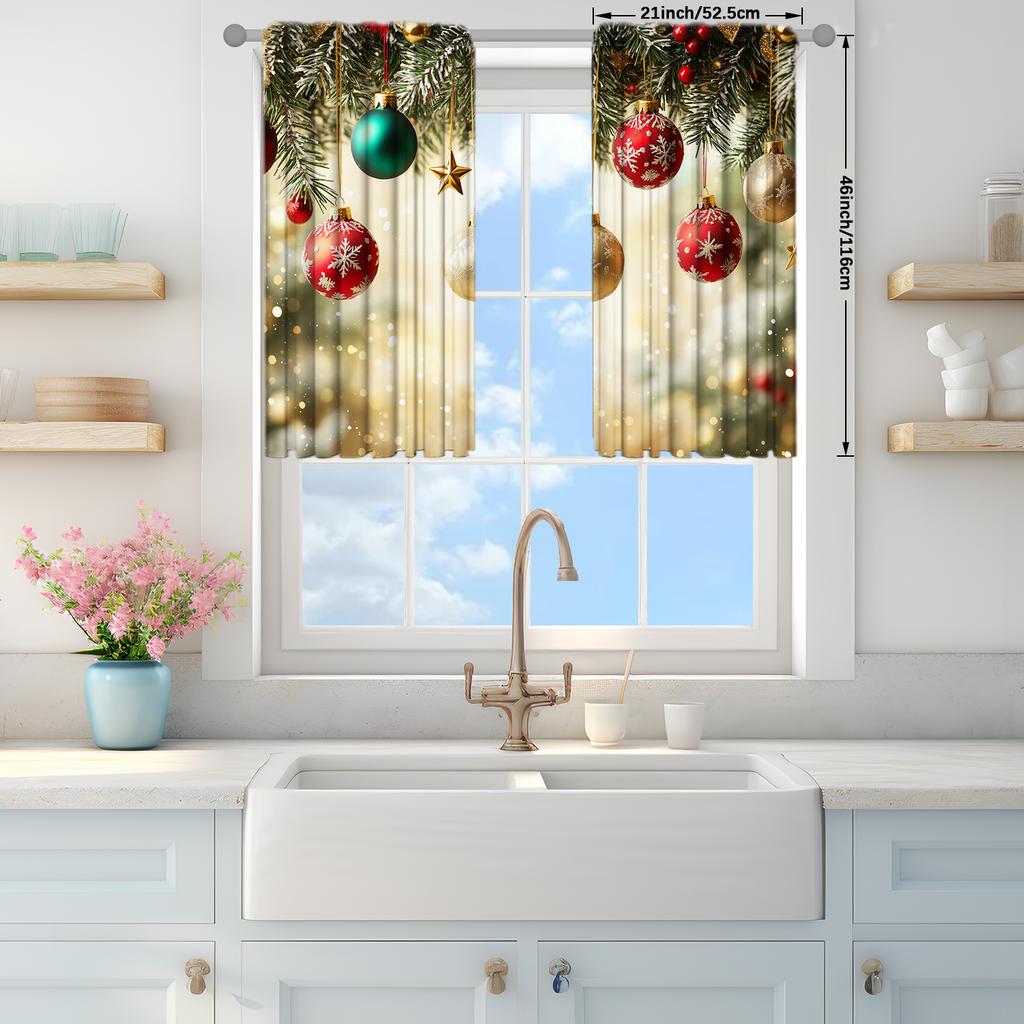 2pcs Beautiful Christmas Lights Printed Curtain for Home Decor - Rod Pocket Window Treatment for Bedroom, Office, Kitchen