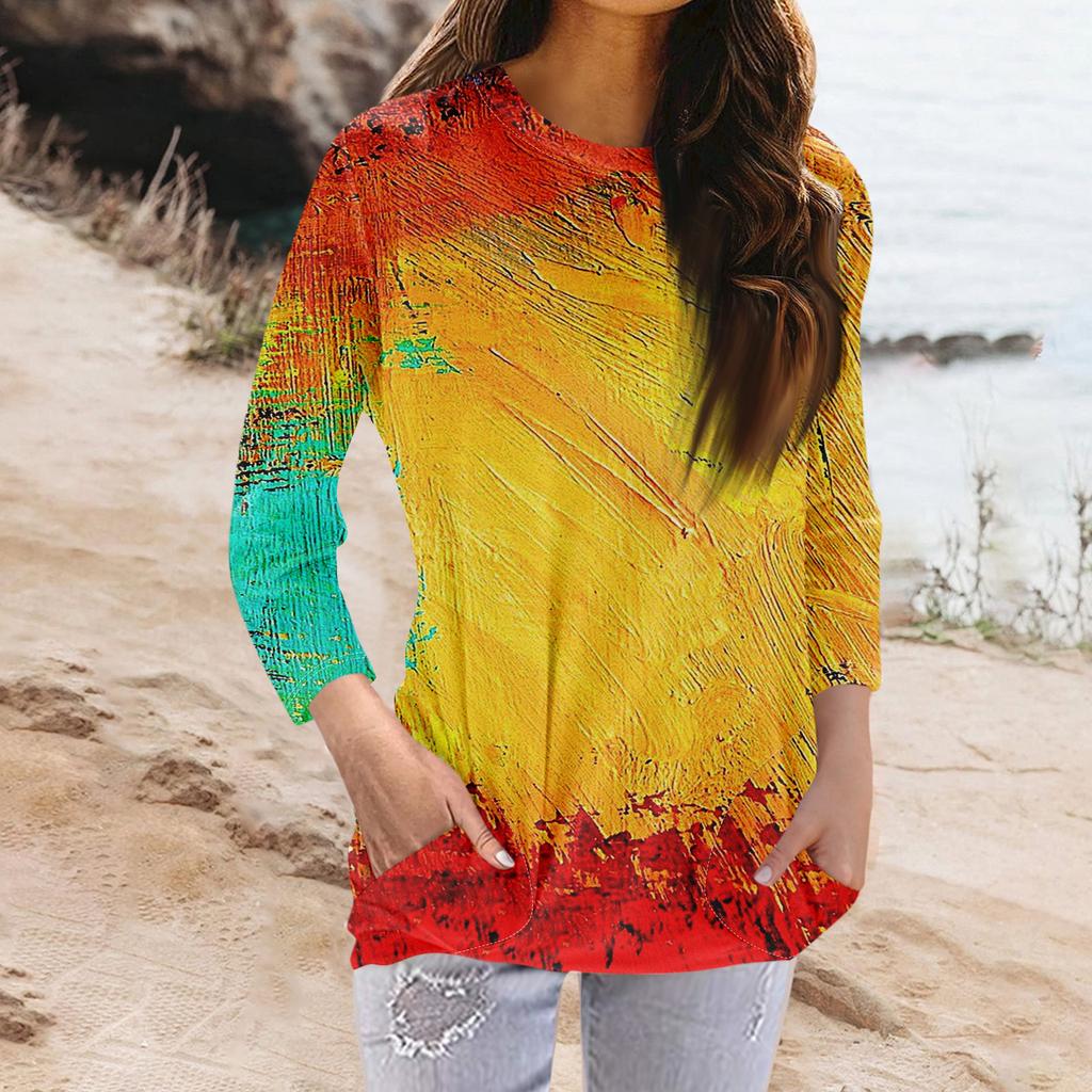 Женская модная повседневная футболка с карманом и круглым вырезом с рукавами 3/4 и топом