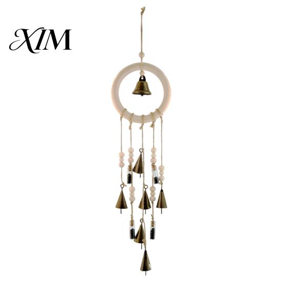 Artistic Door Decor with Bells Vintage Metal Wind Chimes And Wishing Bottle, Rustic Witch Natural Log Beads Hanging Ornament Wood Ring, Bohemian Style