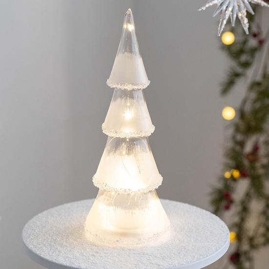 Glass Christmas Tree Figurine Tabletop Tree Ornament with LED Lights Holiday Decor Light Up Tree Cone for Home Office Parties Table Centerpiece