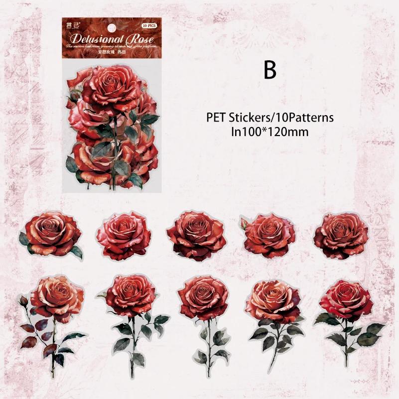 Journamm 10pcs/pack Rose Theme PET Stickers Flowers Stickers DIY Scrapbooking Collage Diary Aesthetics Decor Sticker Stationery