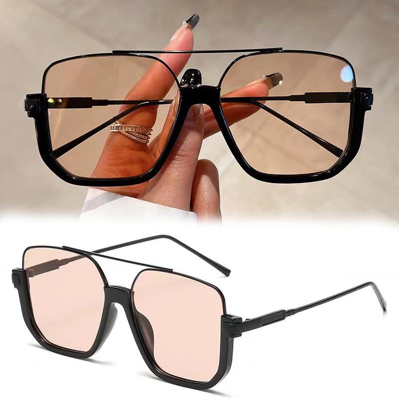 Retro Double Beam Large Frame Metal Sunglasses For Women Men fashion Square Brown Driving Glasses Outdoor Shades UV Resistance