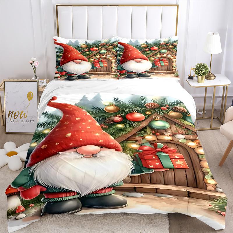 3pcs Christmas Gnome Bedding Set, Includes One Quilt Cover and Two Pillowcases (No Core), Anime Cartoon Design