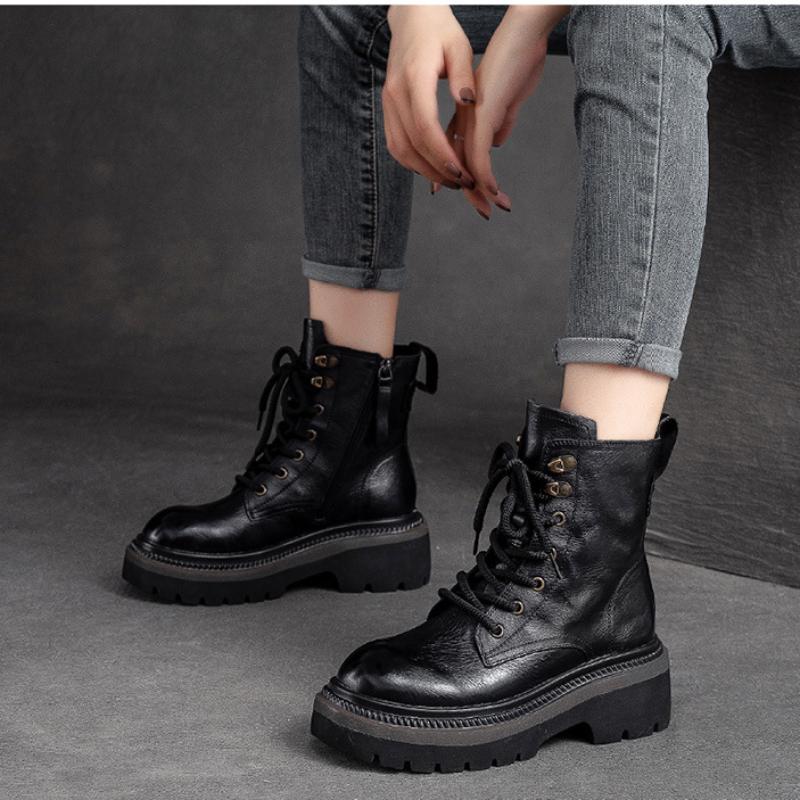 Johnature Винтажные сапоги на толстой подошве, короткие сапоги из натуральной кожи с боковой молнией, модная универсальная женская обувь