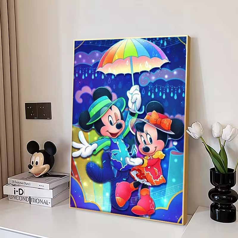 Disney Diamond Painting Mickey and Minnie Romantic Rain Illustration Mosaic Art DIY Cross Stitch Embroidery Set with Full Diamonds - Home Decor Gift