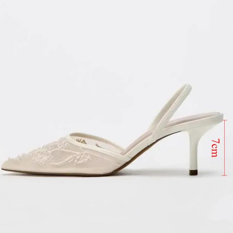 Брендовые дизайнерские белые женские свадебные туфли-лодочки с сетчатой вышивкой и цветами на ремешке сзади, сексуальные туфли на высоком каблуке для женщин