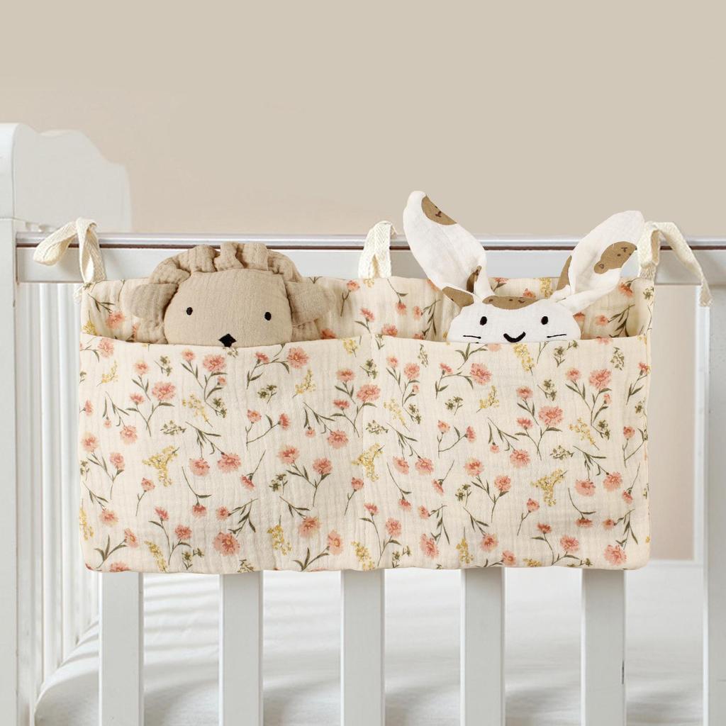 Pure Cotton Baby Bed Bumper & Hanging Bag with Double Pockets for Bottles and Diapers