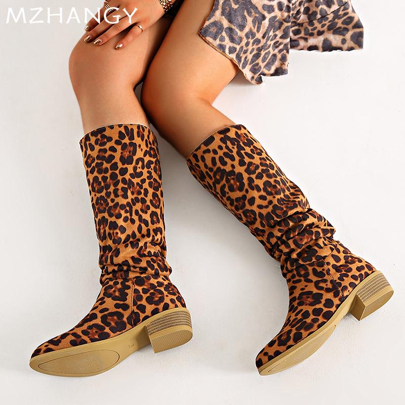 Модные леопардовые высокие сапоги для женщин, сексуальные туфли с острым носком, женские трендовые ботинки челси 2024 года, готические зимние женские мотоциклетные сапоги
