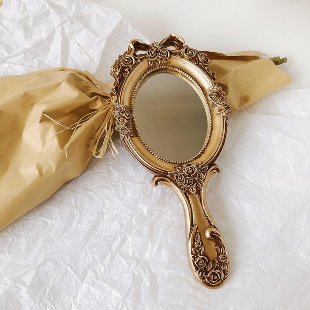 Embossed Rose Handheld Mirrors Single-Sided Vintage Mirror Creative Cosmetic Mirror Travel Use
