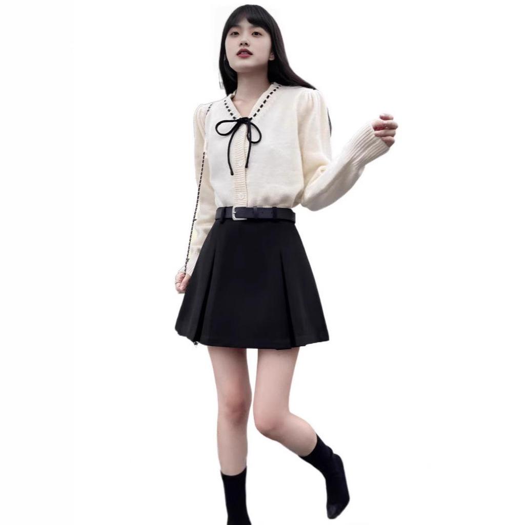 2024 Осень/Зима Юбка миди А-силуэта со складками, с высокой талией, из смесовой шерсти в британском стиле