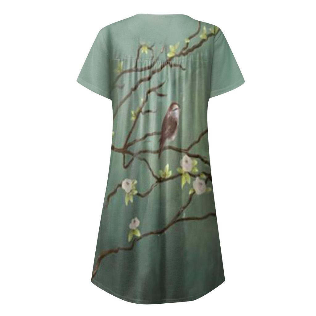 Ladies Casual Round Neck Button Ruched Trim Printed High Waist Loose Dress